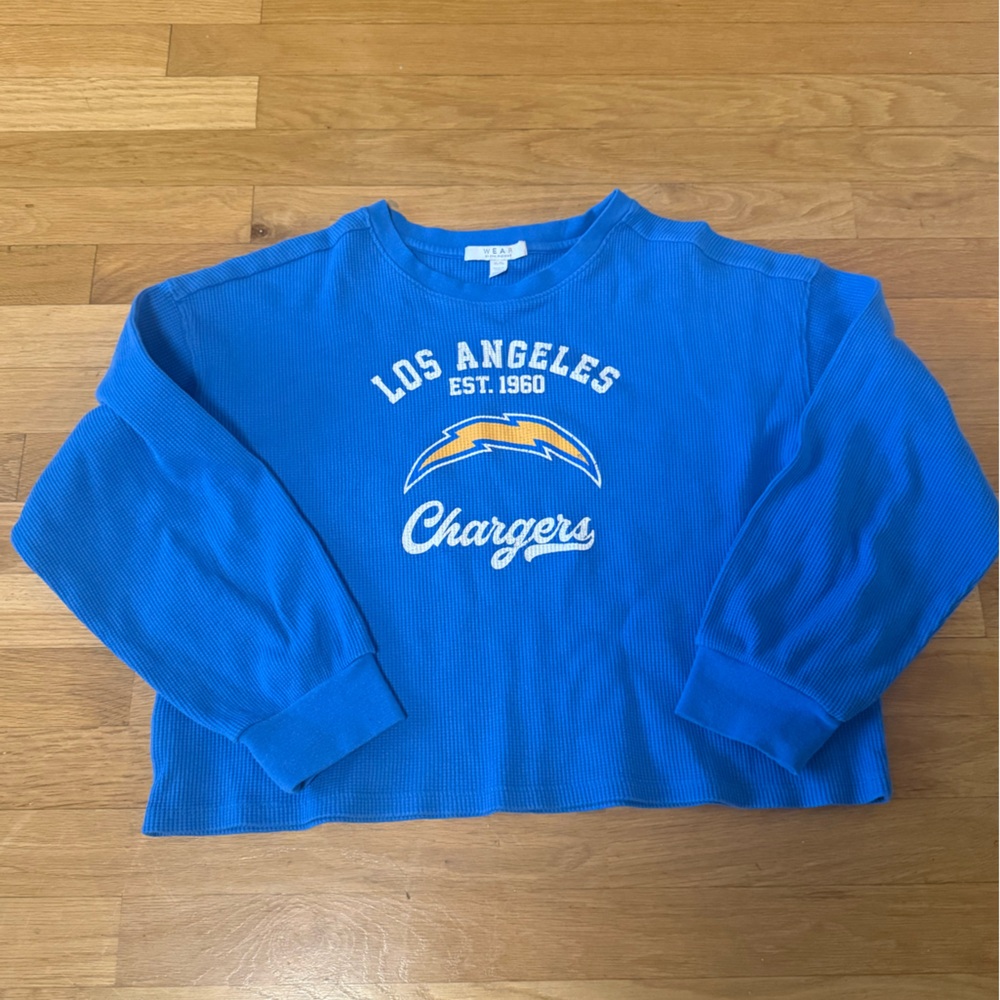 Women's WEAR by Erin Andrews Blue Los Angeles Chargers Waffle Knit Long Sleeve - Picture 5 of 7